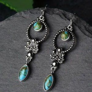 Vintage Silver Color, Inlaid Turquoise Earrings, with 925 Silver Hooks